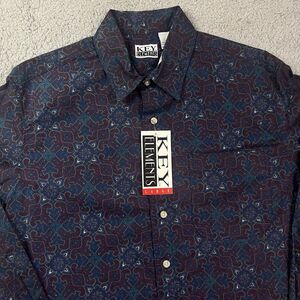 Vintage Key Elements 90's Button Shirt Purple Blue Groovy Pattern Long Sleeve‎